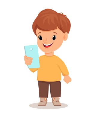 Küçük çocuk ile smartphone. Sevimli çizgi film karakteri. Vektör çizim.