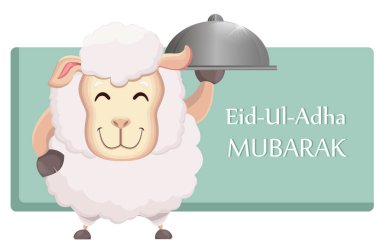 Kurban Bayramı bayram festival. Geleneksel muslin tatil. Komik koyun cloche holding ile tebrik kartı. Vektör çizim.