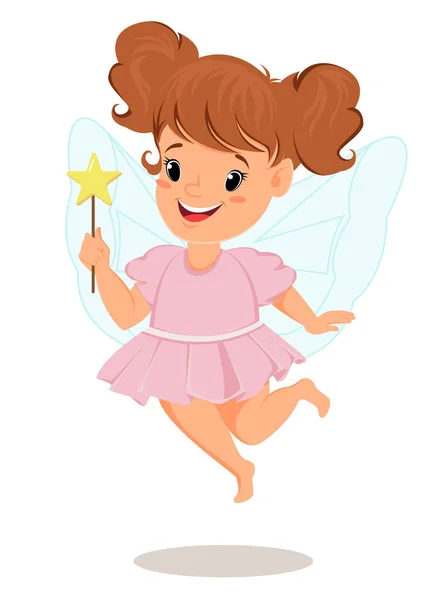 Chica de hadas en vestido rosa con varita mágica. Lindo niño, personaje de dibujos animados. Vector — Archivo Imágenes Vectoriales