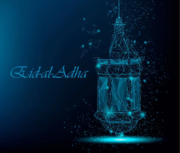 Eid Al Adha belo cartão de saudação com lanterna árabe tradicional. Arte poligonal sobre fundo azul. Vetor —  Vetores de Stock