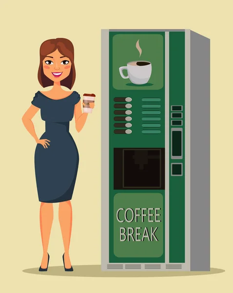 Mujer de negocios de pie con taza de café cerca de la máquina expendedora de café. Ilustración vectorial — Vector de stock