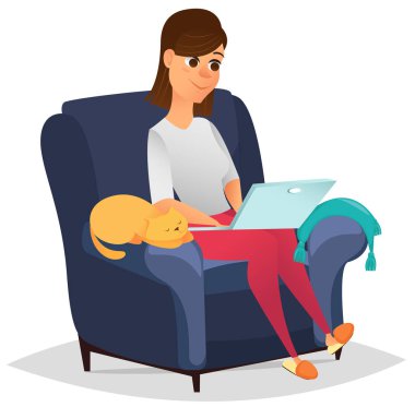 Kadın evde rahat koltukta oturan ve üzerinde çalışma