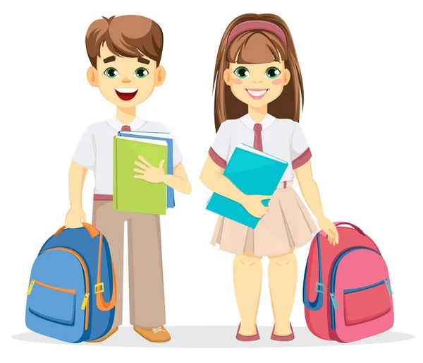 Schoolboy and schoolgirl with backpack and textbooks. — Stock Vector