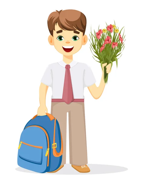 Colegial con mochila y ramo de flores — Vector de stock