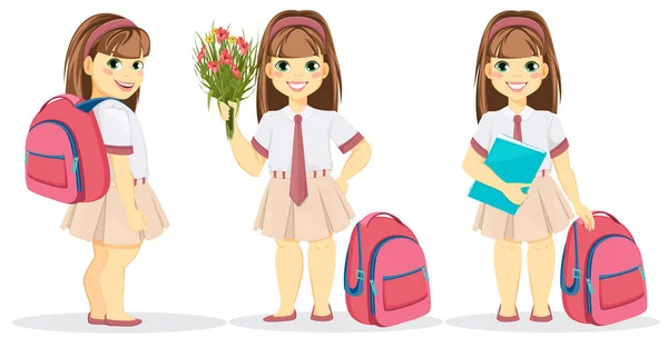 Uczennica z plecaka, bukiet kwiatów i Podręcznik — Wektor stockowy