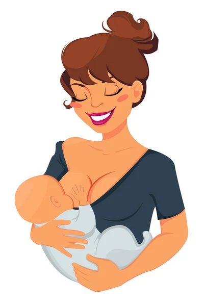 Kobiety karmiące piersią noworodka. Matka, trzymając jej dziecko i uśmiecha się. Ilustracja wektorowa. — Wektor stockowy