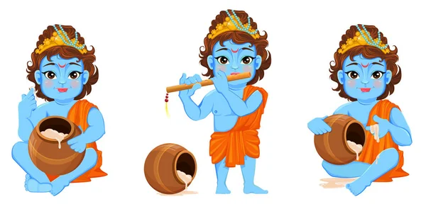 Feliz Janmashtami. Celebrando o nascimento de Krishna. Rapaz com flauta e uma panela. Festa tradicional indiana. Ilustração vetorial em fundo abstrato. Conjunto — Vetor de Stock