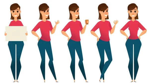 Stylized character set. Smiling business woman holding blank sign, making greeting gesture, holding coffee, showing ok sign and standing with hands on hips. Businesswoman cartoon character. Vector — Stock Vector