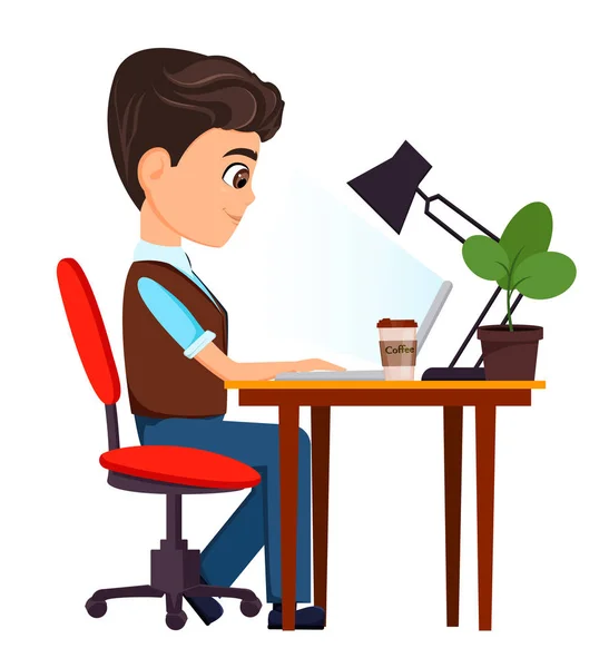 Бізнесмен сидить з ноутбуком за своїм столом . — стоковий вектор