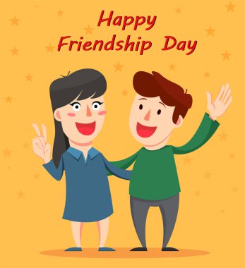 Mutlu dostluk günü tebrik kartı. Sarılma ve gülümseyen arkadaşlar.