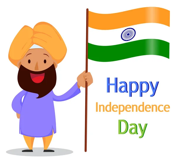 Indian bearded man in a turban holding national flag. Independe — Stock Vector