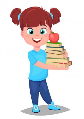  Sevimli kız bir kitap yığını tutan rahat kıyafetler içinde. Güzel li