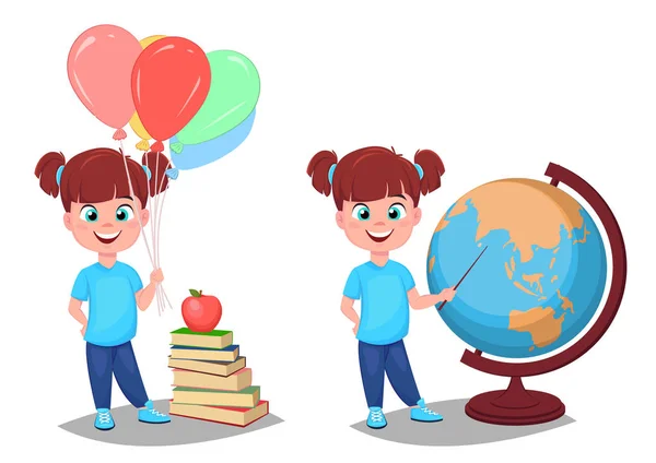 De vuelta a la escuela. Linda chica en ropa casual con globos de helio — Archivo Imágenes Vectoriales