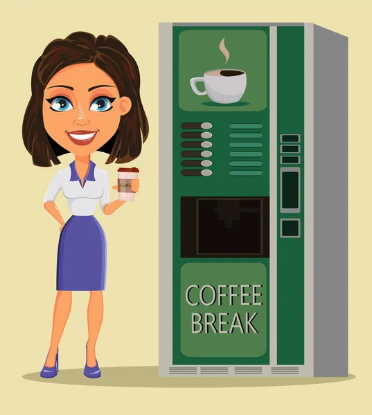 Zakenvrouw permanent met kop koffie dicht bij koffie vendi — Stockvector