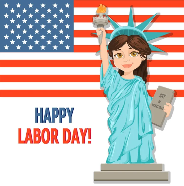 Labor Day greeting card with USA flag and girl dressed in a cost