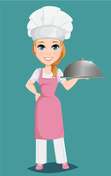 Chef woman in pink apron and cook hat holding restaurant cloche. — Stock Vector