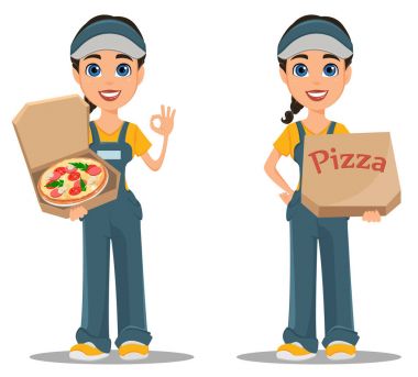 Pizza teslim kurye kadın. Ayarlayın. Profesyonel hızlı teslimat.