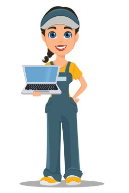 Kurye kadın holding laptop. Profesyonel hızlı teslimat. 