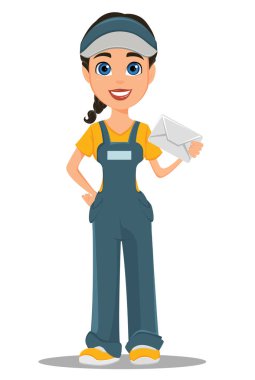 Kurye kadın holding beyaz zarf. Profesyonel hızlı teslimat