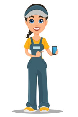 Kurye kadın holding smartphone. Profesyonel hızlı teslimat. 