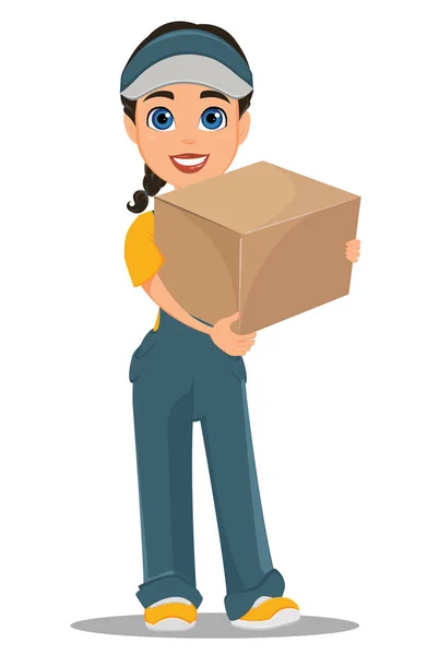 Courier kvinna står med skifte. Professionell snabb leverans. — Stock vektor