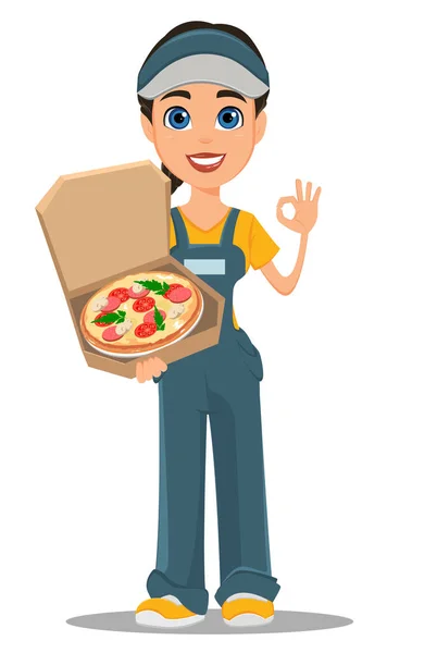 Mensajería mujer sosteniendo sabrosa pizza caliente y mostrando ok signo . — Vector de stock