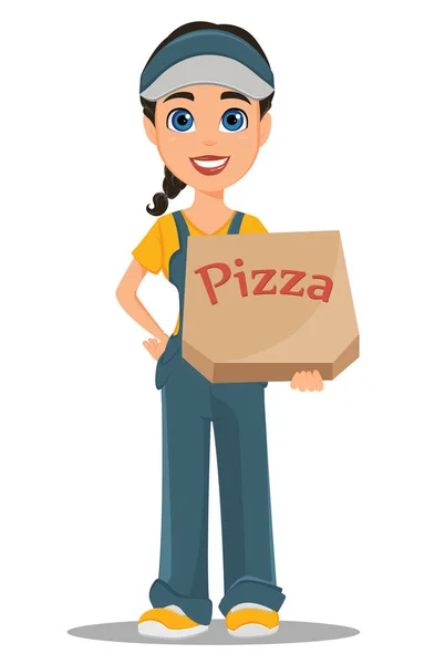 Курьерша держит коробку с вкусной горячей пиццей. Одинокий фас — стоковый вектор