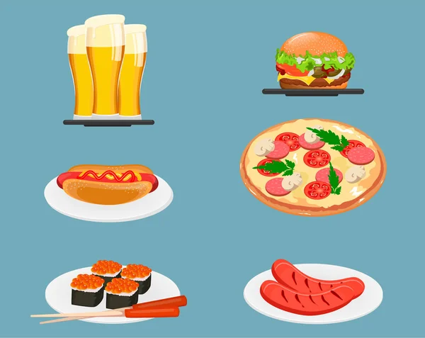 Élelmiszer-ikonok. Sör, virsli, sajtburger, pizza, sushi és sült — Stock Vector