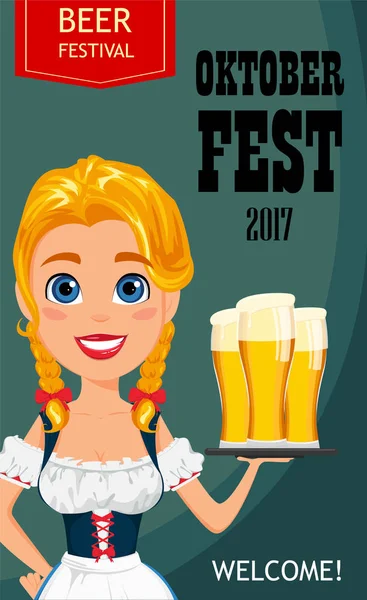 Oktoberfest vektoros illusztráció szexi vörös hajú lány gazdaság t — Stock Vector