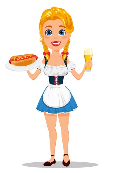 Oktoberfest vector illustration with sexy redhead girl holding h — Stock Vector