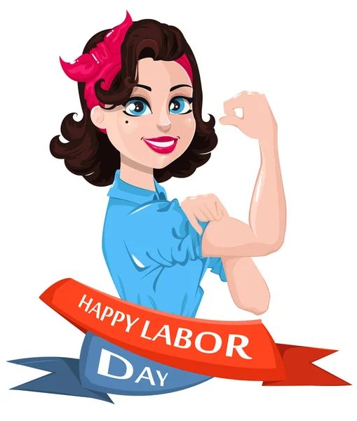 Плакат Дня труда. Поп-арт сильная женщина. Символ американской самки — стоковый вектор