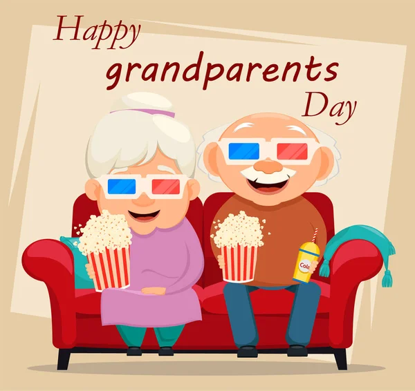 Grandparents day greeting card. Grandmother and grandfather watching movie at home. — Stock Vector