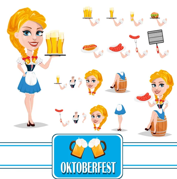 Oktoberfest vektoros illusztráció szexi vörös hajú lány gazdaság sör. Állandó fele fordult rajzfilmfigura — Stock Vector