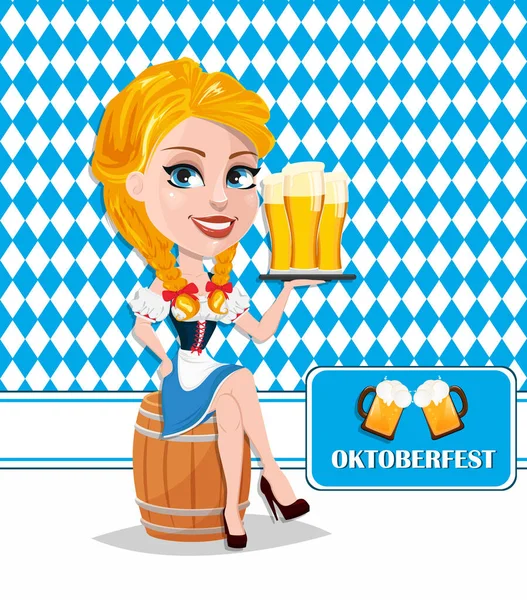 Oktoberfest flyer avec sexy rousse fille assis sur baril et h — Image vectorielle