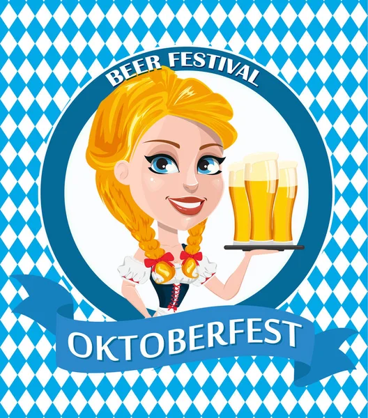 Oktoberfest Φέιγ βολάν, με σέξι κοκκινομάλλα κοπέλα που κρατά τρεις πίντες — Διανυσματικό Αρχείο