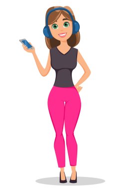 Sevimli kadın çizgi film karakteri. Kulaklık ile güzel sarışın kadın