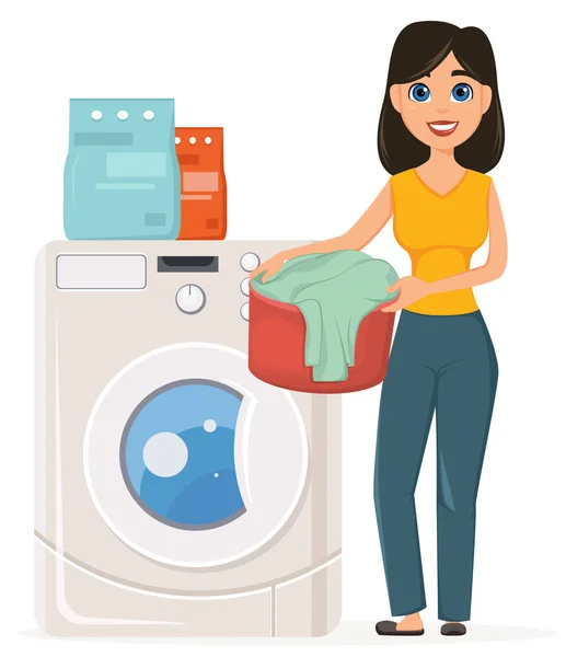 Housewife washes clothes in the washing machine. Pretty woman do — Stock Vector