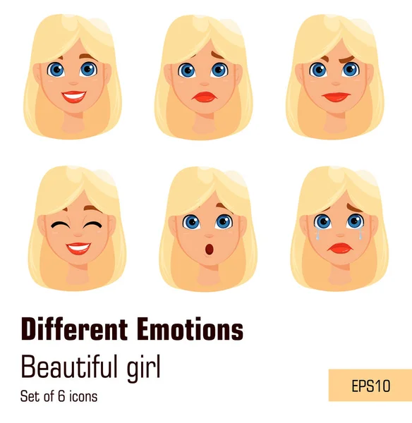 Mujer rubia con diferentes expresiones faciales. Joven atractivo l — Vector de stock