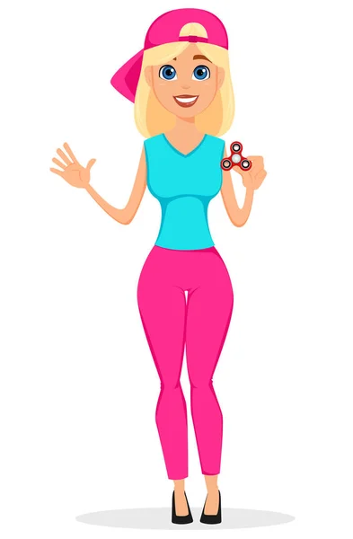 Girl in cap holding spinner. Cute cartoon character. — Stock Vector