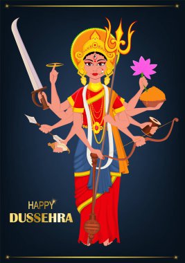 Mutlu Dussehra vektör çizim. Maa Durga üzerinde koyu mavi backg