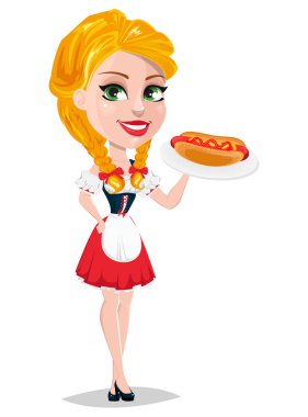 Oktoberfest vektör çizim sosisli sandviç tutarak seksi redhead kızla. Yarı açık duran çizgi film karakteri. 