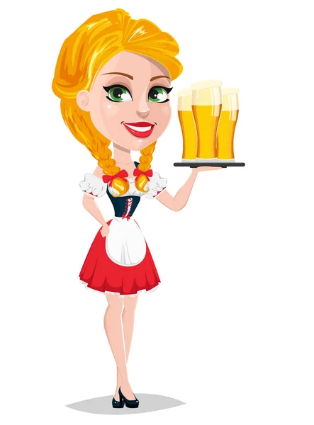 Oktoberfest vettoriale illustrazione con sexy rossa ragazza tenendo t — Vettoriale Stock