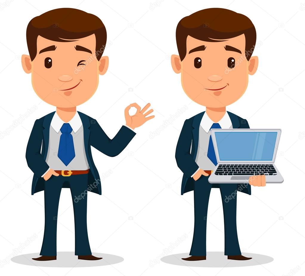 Set of business man cartoon character in smart clothes, office style. Young handsome businessman in suit holding laptop and showing ok gesture