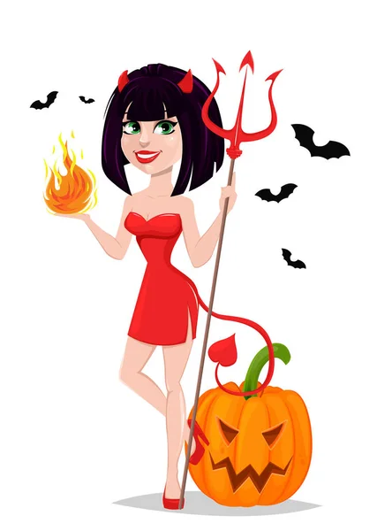 Fille diabolique pour Halloween avec citrouille et chauves-souris. Sexy elle-diable w — Image vectorielle