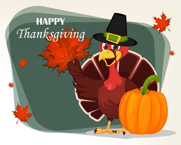 Thanksgiving wenskaart met een vogel van de Turkije het dragen van een pelgrim — Stockvector
