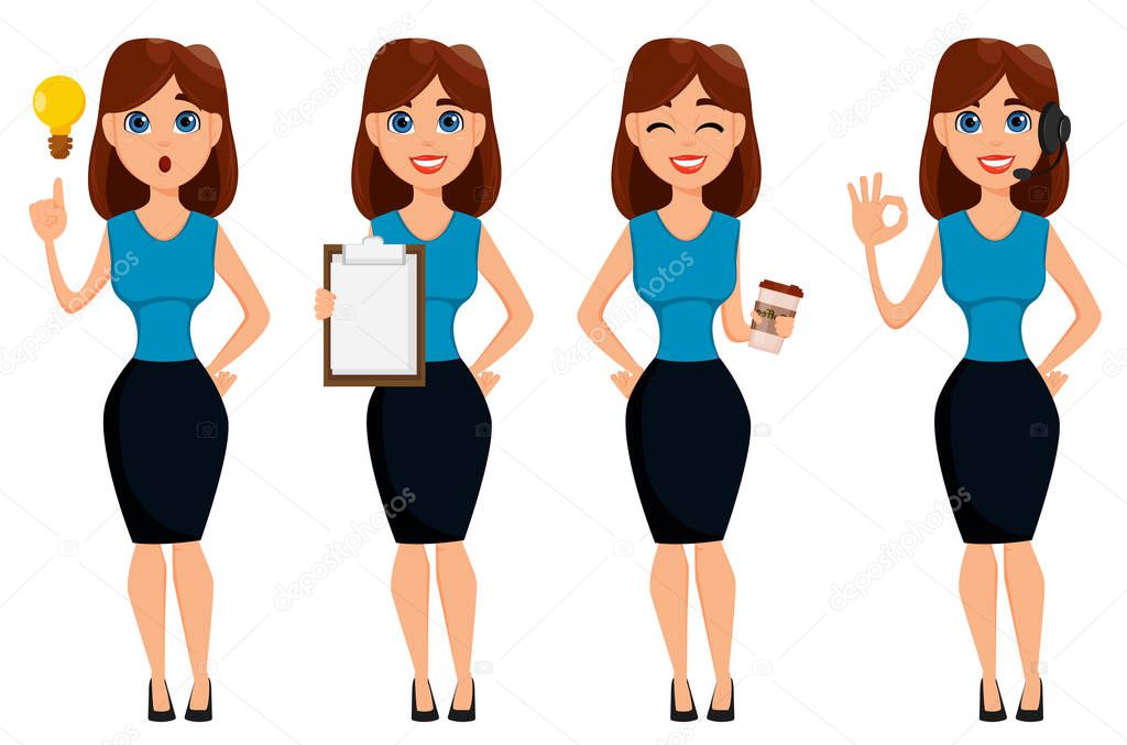 Business woman cartoon character. Cute brunette businesswoman se