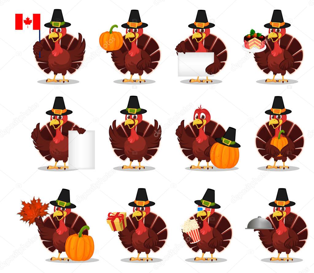 Thanksgiving greeting card with a turkey bird wearing a Pilgrim 