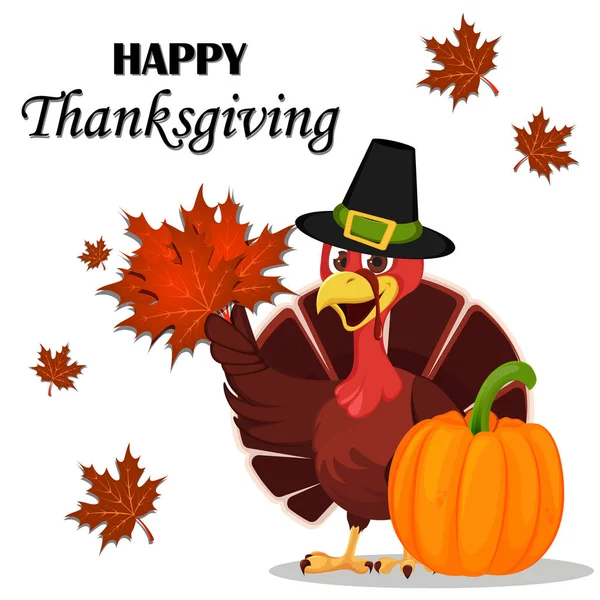 Thanksgiving wenskaart met een vogel van de Turkije het dragen van een pelgrim — Stockvector