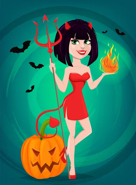 Chica diabólica para Halloween. Sexy ella-diablo con tridente en un han — Vector de stock