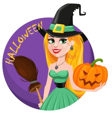 Cadılar Bayramı tebrik kartı. Hacı ha giyen güzel Bayan cadı